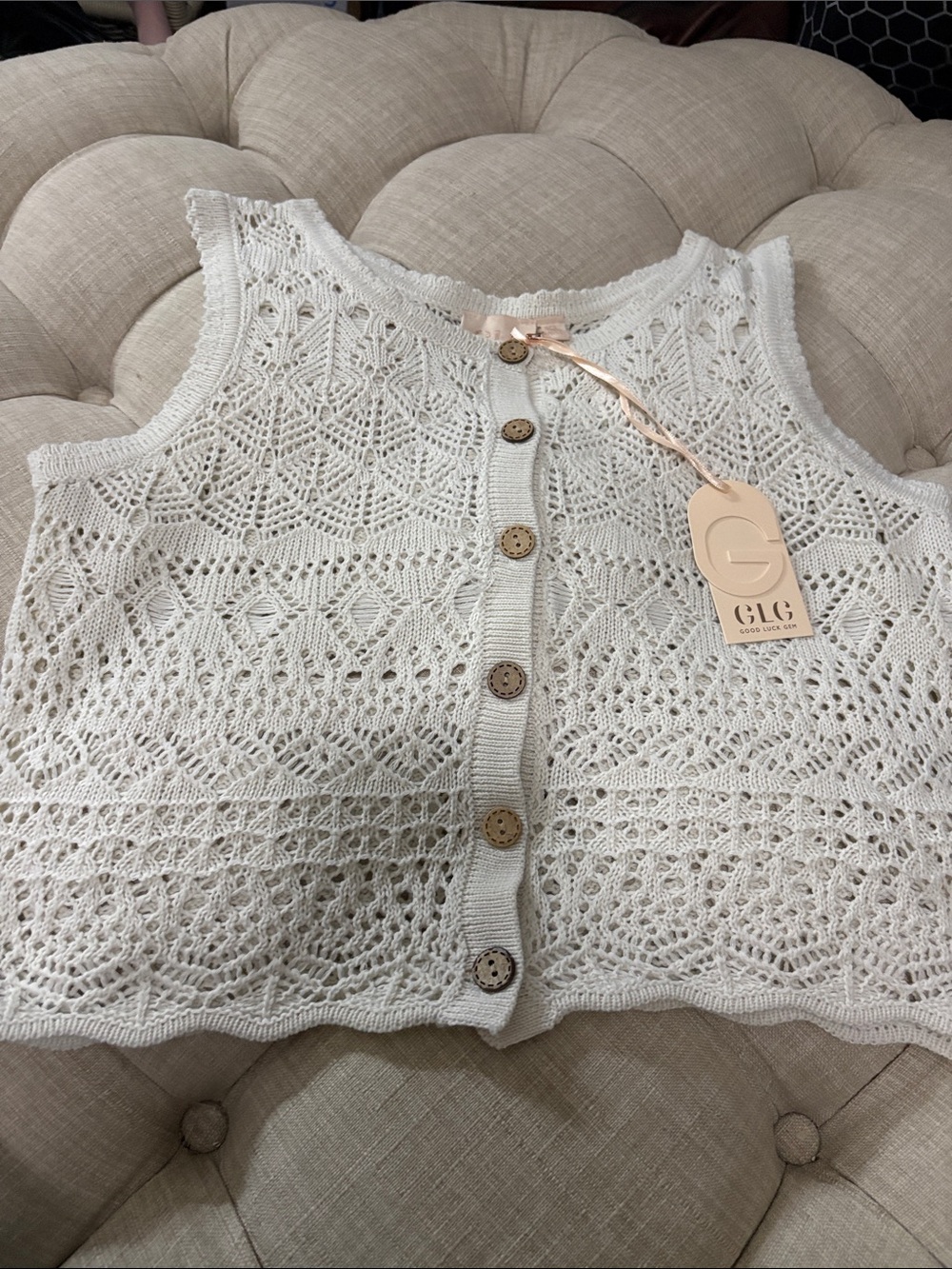 Good Luck Gem Cream Crochet Button-Front Crop Tank